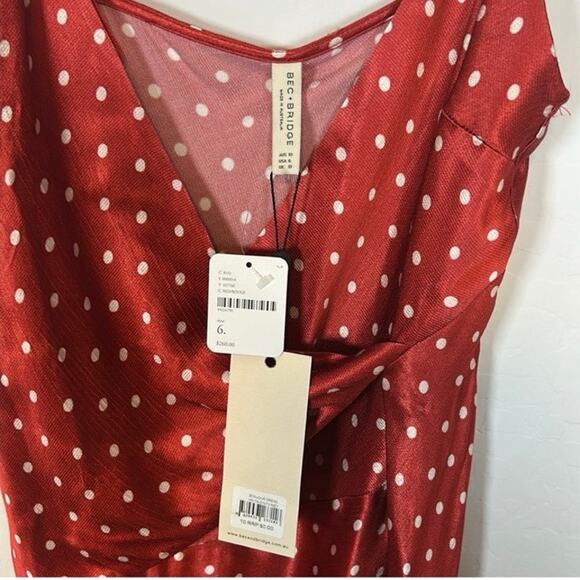 Bec and Bridge Bonjour Dress Red Polka Dot Leg Slit Strappy Crossover Size 6 NWT - Picture 4 of 10